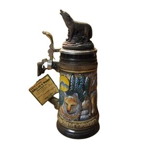 Vintage Brown and Blue Wolf Forest Ceramic Beer Stein with Pewter Lid